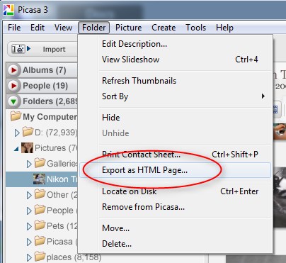 Picasa menu for exporting HTML gallery
