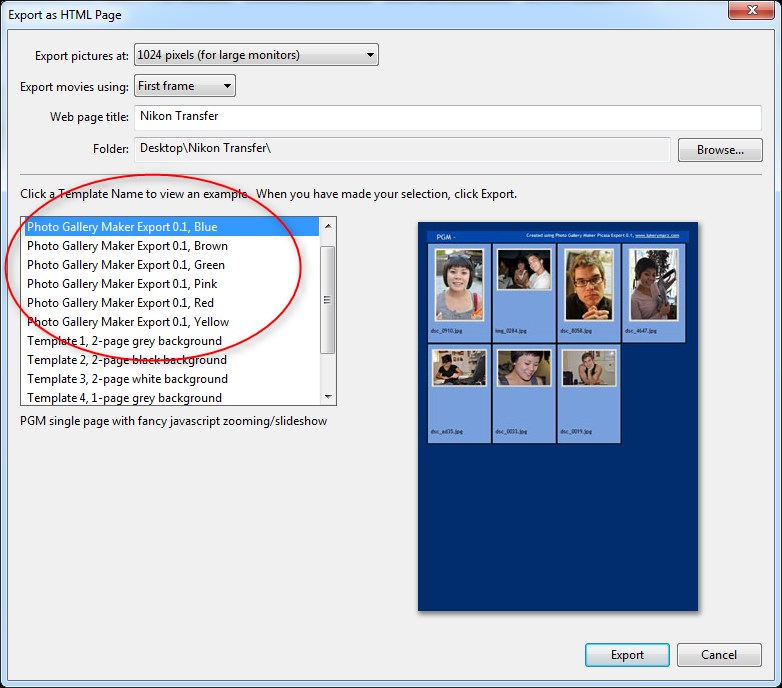 Picasa Export Dialog with PGM Templates